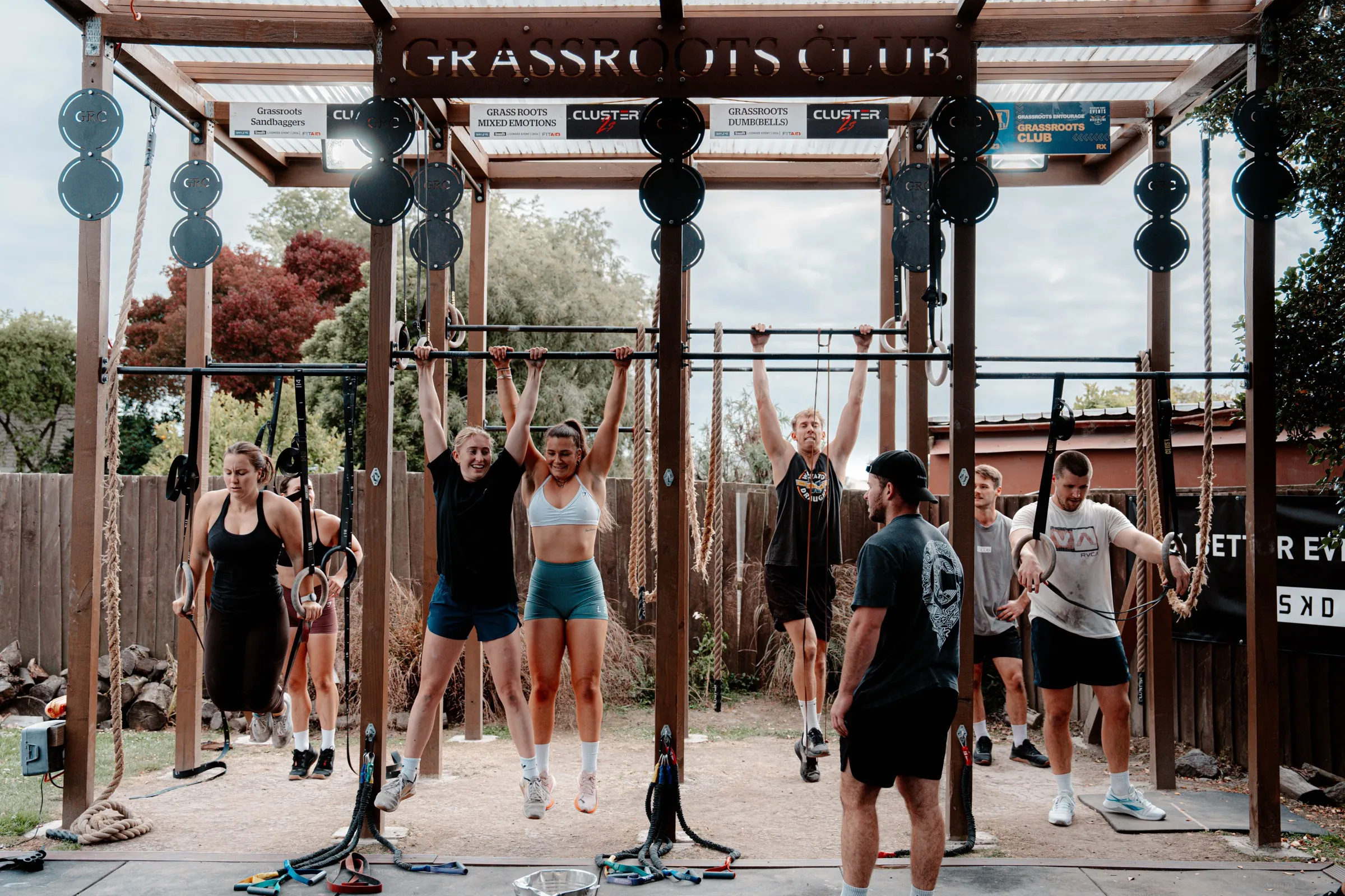 The original backyard rig — training under the timber Grassroots Club frame.